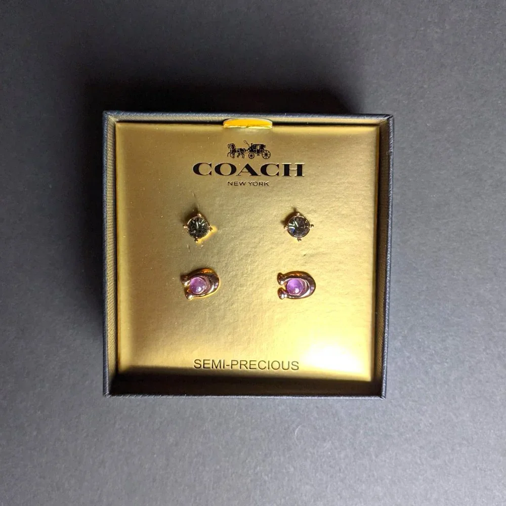 NWT COACH 376338 C-Stone Set of 2 Stud Earrings Amethyst